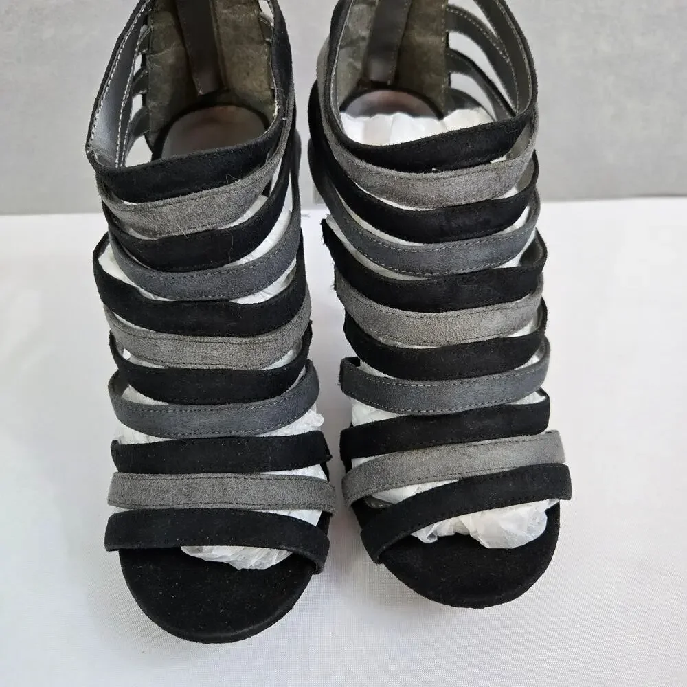 Michael Antonio Suede Black & Gray Multi-Strap Heels with Zipper Back Size 6.5